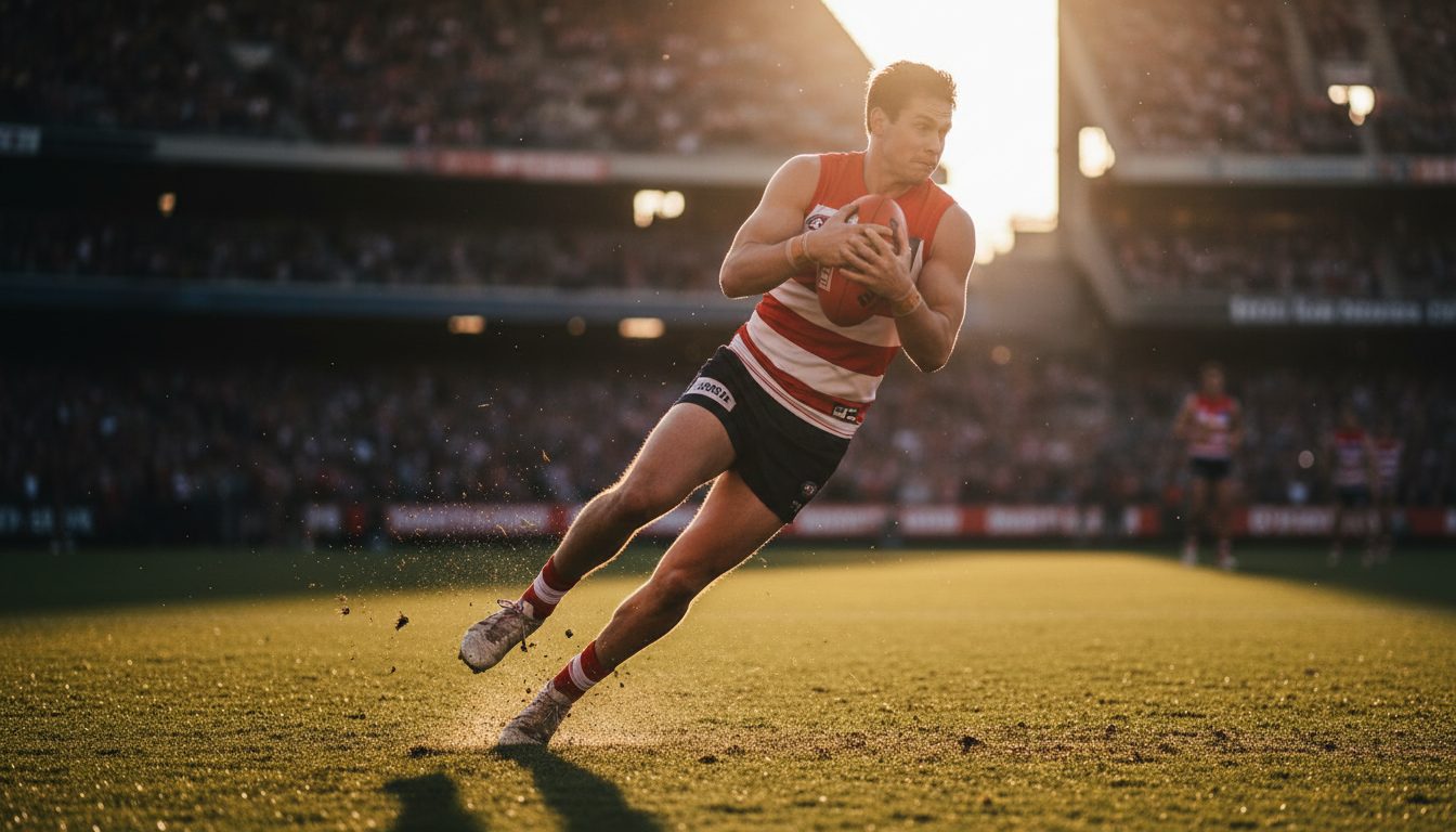 AFL player running with the ball in a packed stadium