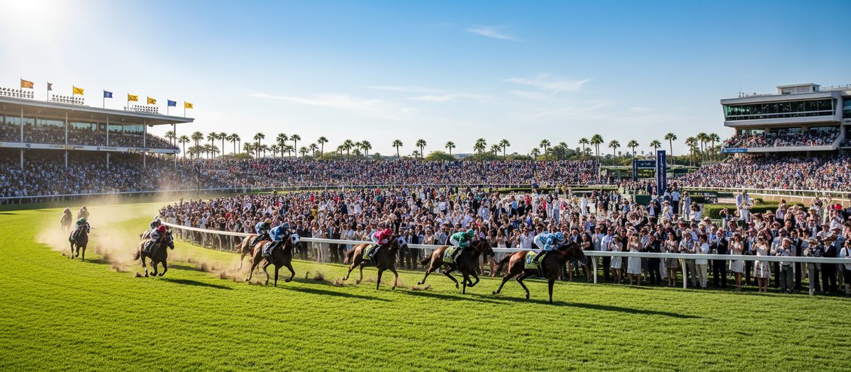 Horses racing past a packed grandstand